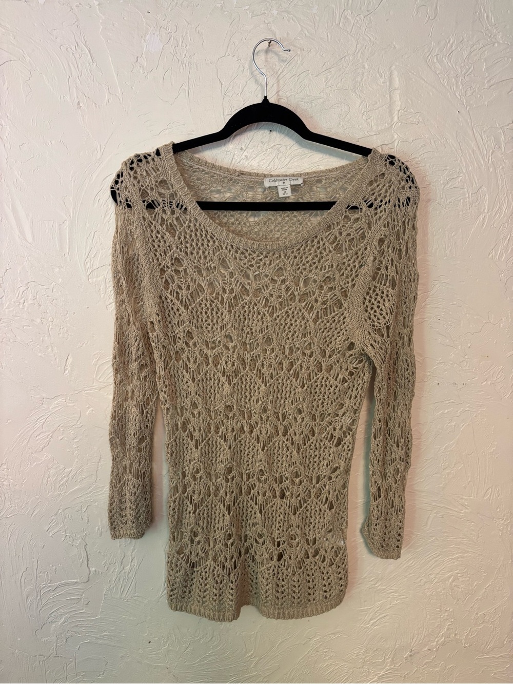 Coldwater Creek Top Womens M Open Knit Crochet Beachy Linen Neutral Coastal